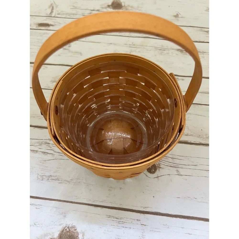 VTG Longaberger Basket Brown Round Woven Swivel Handle Plastic Liner 1997 Small